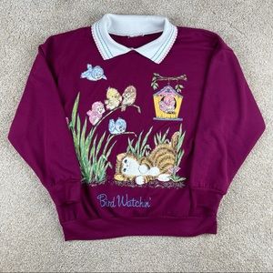 Vintage birds & cats raspberry collared sweatshirt